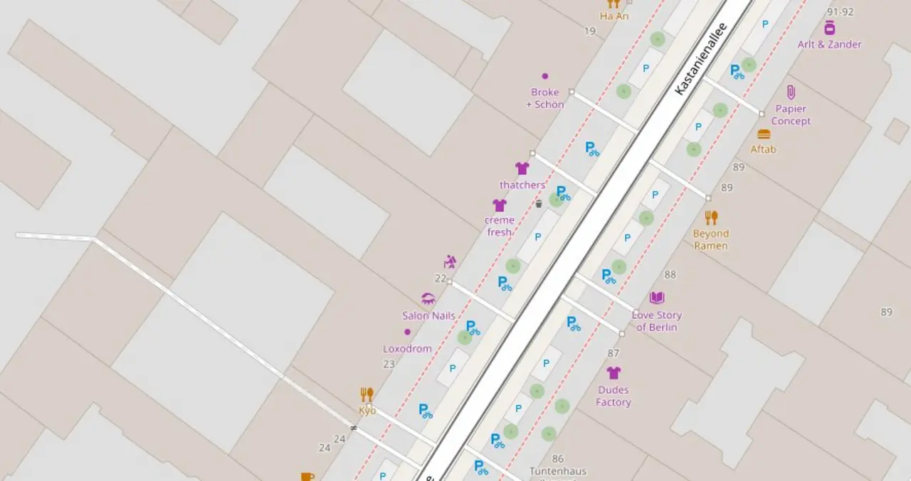 Der Bildschirmdruck zeigt einen Ausschnitt des Kartendienstes openstreetmap.org, bei der Kastanienallee 22 findet sich noch kein Hinweis auf die Messiaskapelle