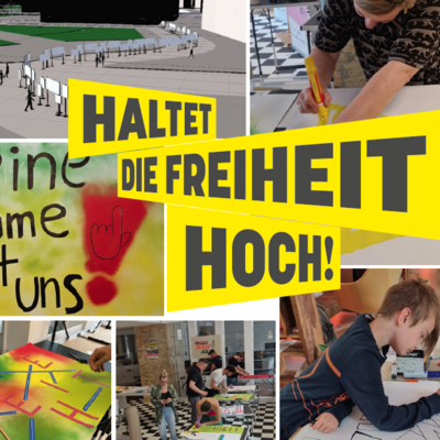 Man sieht eine Collage von Fotos, auf denen Menschen Schilder gestalten. Im Vordergrund steht: "Haltet die Freiheit hoch!".