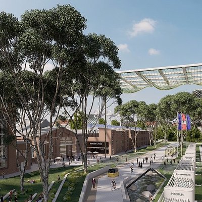 Das Bild zeigt eine grafische Darstellung des Universitätscampus der Technischen Universität in Berlin mit einem grünen Vorplatz der Bibliothek, vielen Fußgängern und diskutierenden Menschen, schattenspendenden Bäumen und Informationstafeln im Vordergrund, und vielen miteinander sprechenden Menschen. Die Darstellung zeigt eine Vision, wie der Platz mit Hilfe der EU-Förderung einmal aussehen könnte: begrünt, mit einem Start-up-Inkubator, Windkraftanlagen auf den Dächern, elektrischen Bussen für den Öffentlichen Nahverkehr und viel Raum für Innovationen.