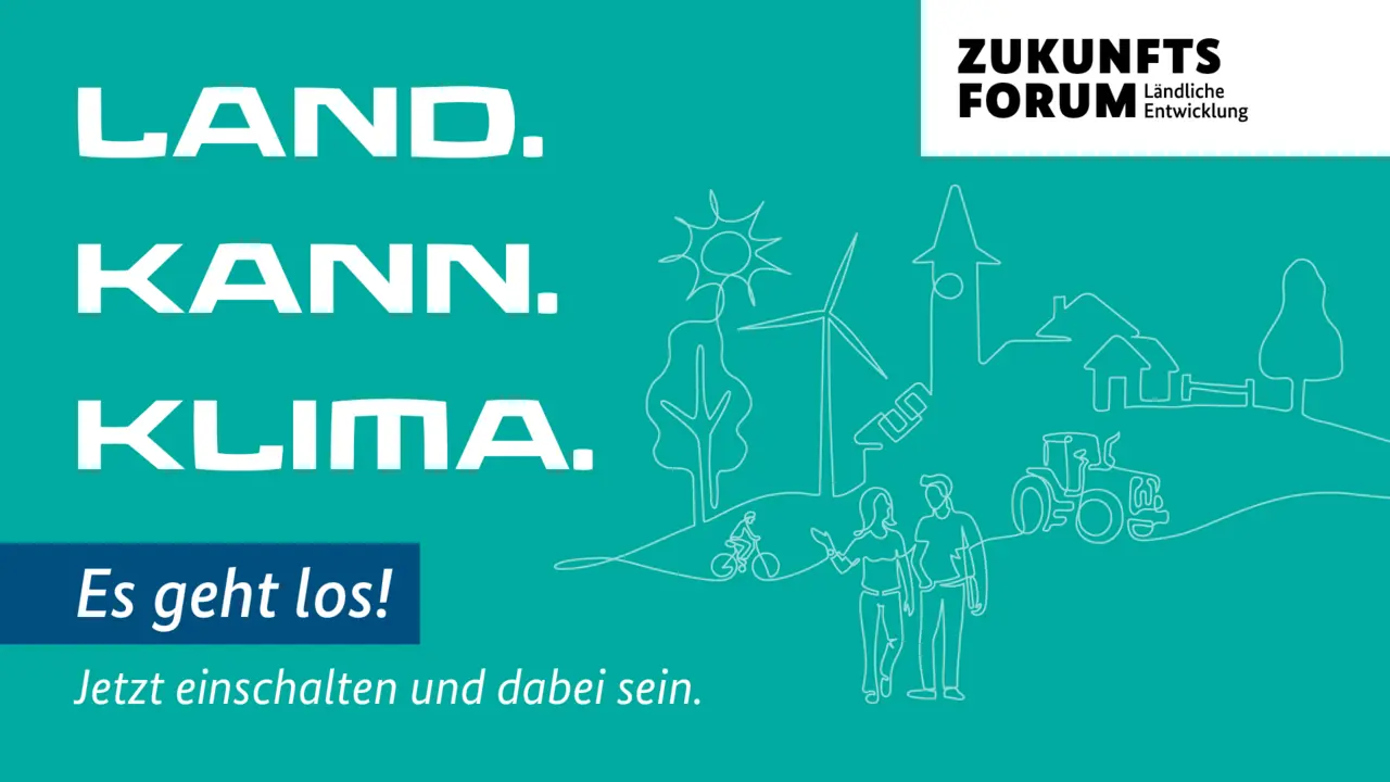 links sind in Blockbuchstaben die Schlagworte "Land. Kann. Klima." zu lesen, rechts erkennt man in einem einzigen Strich Umrisse von Landmotiven, rechts oben befindet sich das Logo "Zukunftsforum" ländliche Entwicklung