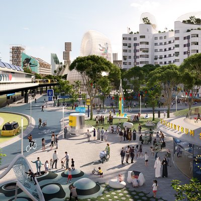Das Bild zeigt eine grafische Darstellung des Kottbusser Tors in Berlin mit der S-Bahn, vielen Radfahrern und Fußgängern, einem Spielplatz und einem KIezzentrum im Vordergrund, und vielen miteinander sprechenden Menschen. Die Darstellung zeigt eine Vision, wie der Platz mit Hilfe der EU-Förderung einmal aussehen könnte: mit begrünten Fassaden, weniger Autos und mehr öffentlichem Nahverkehr und Raum zur Nutzung durch Menschen zu Diskussion, Spiel, Freizeitgestaltung.