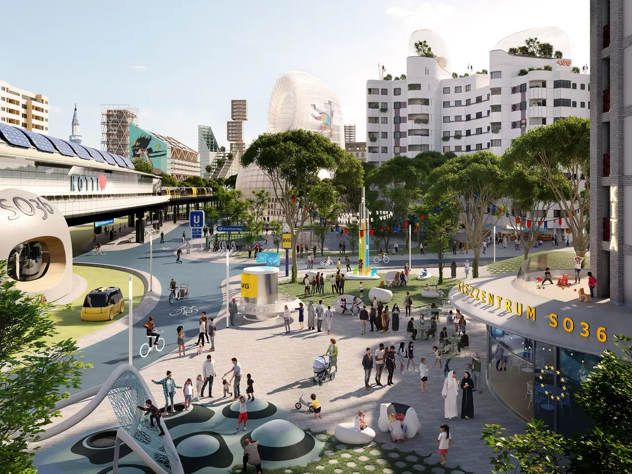 Das Bild zeigt eine grafische Darstellung des Kottbusser Tors in Berlin mit der S-Bahn, vielen Radfahrern und Fußgängern, einem Spielplatz und einem KIezzentrum im Vordergrund, und vielen miteinander sprechenden Menschen. Die Darstellung zeigt eine Vision, wie der Platz mit Hilfe der EU-Förderung einmal aussehen könnte: mit begrünten Fassaden, weniger Autos und mehr öffentlichem Nahverkehr und Raum zur Nutzung durch Menschen zu Diskussion, Spiel, Freizeitgestaltung.