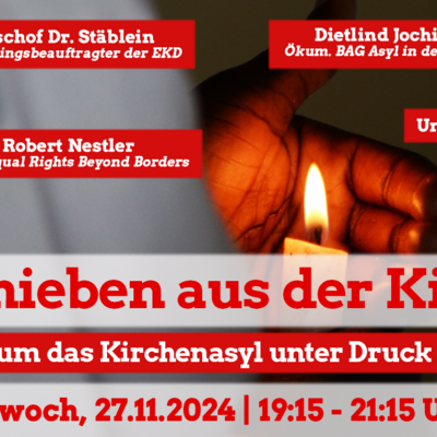 Man erkennt eine Einladung zur Online-Veranstaltung „Europe Calling: Abschieben aus der Kirche?“ mit Titel und Termin sowie Miniaturansichten der Diskutant:innen sowie Logo-Dateien. Im Hintergrund erkennt man eine Kerze, die von einer Hand gegen Luftzug abgeschirmt wird.