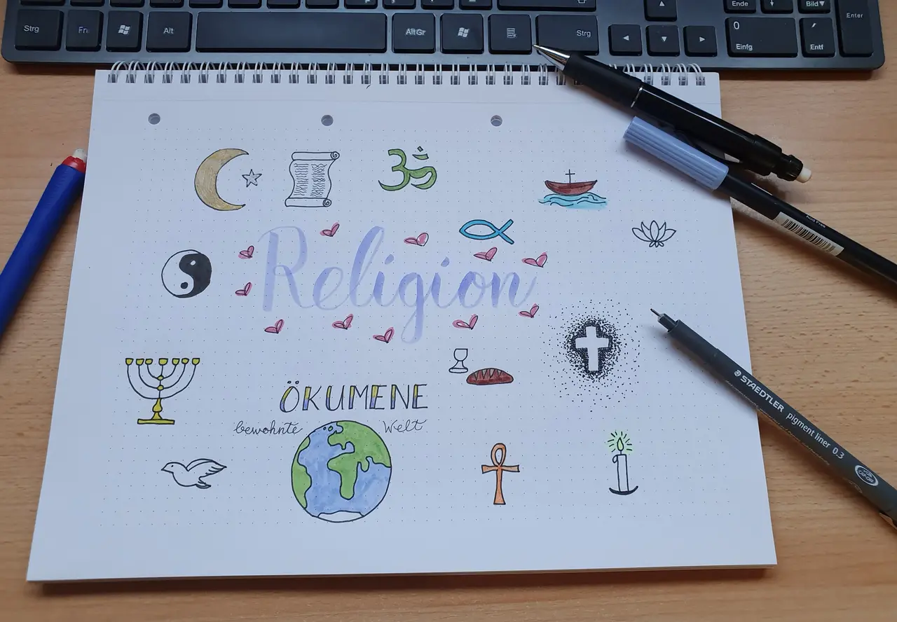 Auf einem Schreibblock wurden verschiedene religiöse Symbole gezeichnet; das Wort "Religion" steht im Mittelpunkt.