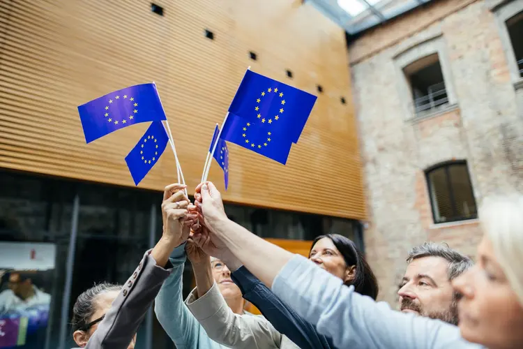 Menschen halten gemeinsam Europafahnen in die Luft.