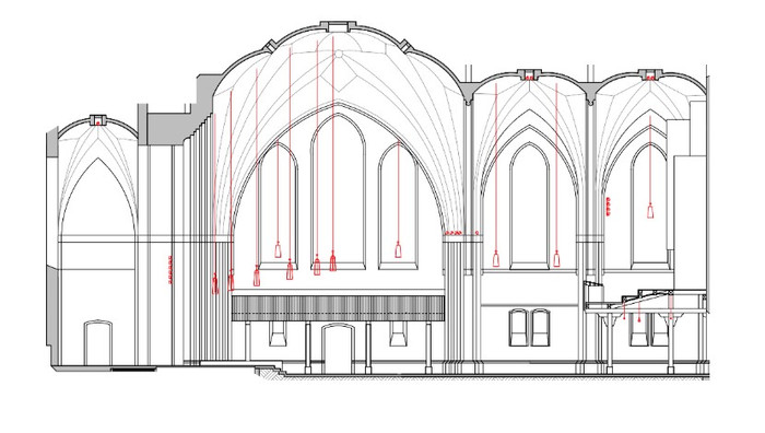 Ein sogenannter Beleuchtungsplan zeigt, wie die Lampen im Innenraum der Matthäuskirche in Steglitz eingebaut werden sollen.
