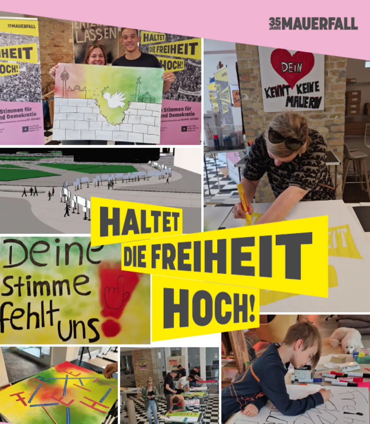 Man sieht eine Collage von Fotos, auf denen Menschen Schilder gestalten. Im Vordergrund steht: "Haltet die Freiheit hoch!"