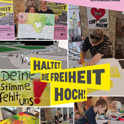 Man sieht eine Collage von Fotos, auf denen Menschen Schilder gestalten. Im Vordergrund steht: "Haltet die Freiheit hoch!"