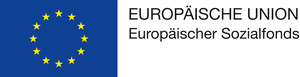 Das Logo des Europäischen Sozialfonds zeigt den Schriftzug des Fonds und das Sternenbanner der Europäischen Union mit zwölf kreisförmigen Sternen auf blauem Grund.
