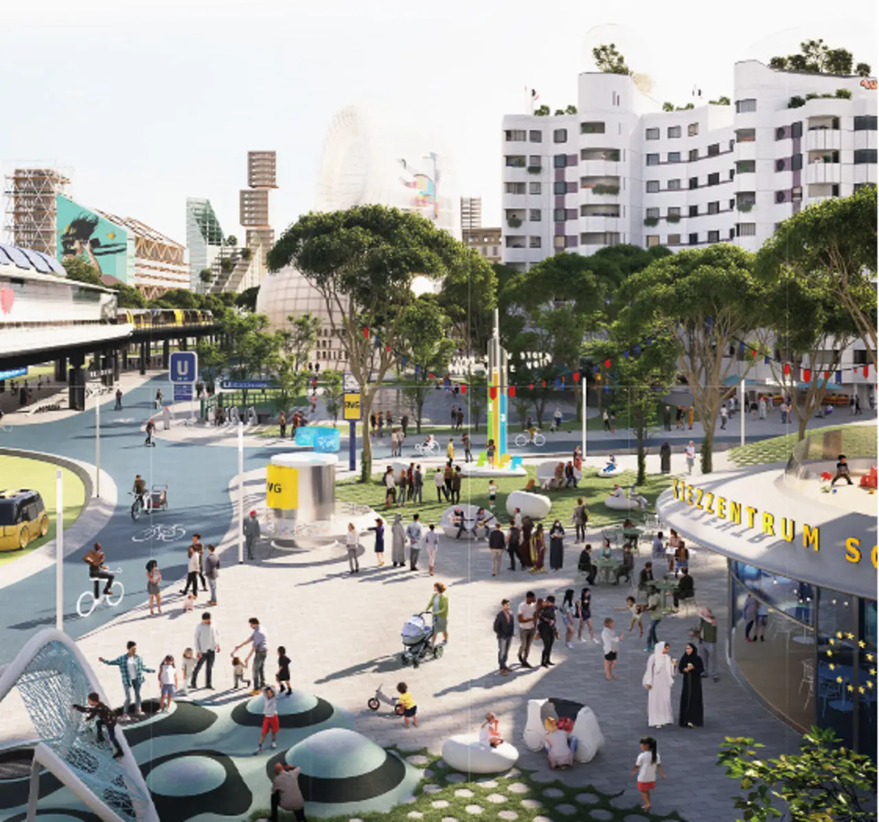 Das Bild zeigt eine grafische Darstellung des Kottbusser Tors in Berlin mit der S-Bahn, vielen Radfahrern und Fußgängern, einem Spielplatz und einem KIezzentrum im Vordergrund, und vielen miteinander sprechenden Menschen. Die Darstellung zeigt eine Vision, wie der Platz mit Hilfe der EU-Förderung einmal aussehen könnte: mit begrünten Fassaden, weniger Autos und mehr öffentlichem Nahverkehr und Raum zur Nutzung durch Menschen zu Diskussion, Spiel, Freizeitgestaltung.