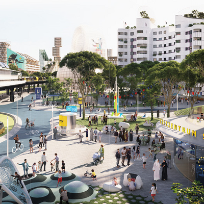 Das Bild zeigt eine grafische Darstellung des Kottbusser Tors in Berlin mit der S-Bahn, vielen Radfahrern und Fußgängern, einem Spielplatz und einem KIezzentrum im Vordergrund, und vielen miteinander sprechenden Menschen. Die Darstellung zeigt eine Vision, wie der Platz mit Hilfe der EU-Förderung einmal aussehen könnte: mit begrünten Fassaden, weniger Autos und mehr öffentlichem Nahverkehr und Raum zur Nutzung durch Menschen zu Diskussion, Spiel, Freizeitgestaltung.