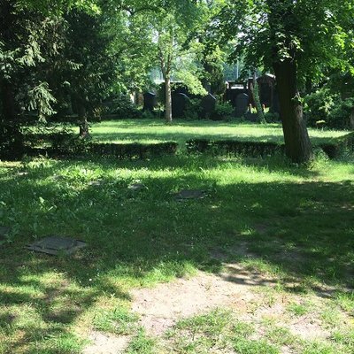 Auf dem Bild ist ein grüne Wiese, Bäume un dein paar Grabplatten zu sehen. Das Foto zeigt einen Teil eines Friedhofs in Berlin. 