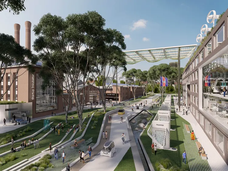 Das Bild zeigt eine grafische Darstellung des Universitätscampus der Technischen Universität in Berlin mit einem grünen Vorplatz der Bibliothek, vielen Fußgängern und diskutierenden Menschen, schattenspendenden Bäumen und Informationstafeln im Vordergrund, und vielen miteinander sprechenden Menschen. Die Darstellung zeigt eine Vision, wie der Platz mit Hilfe der EU-Förderung einmal aussehen könnte: begrünt, mit einem Start-up-Inkubator, Windkraftanlagen auf den Dächern, elektrischen Bussen für den Öffentlichen Nahverkehr und viel Raum für Innovationen.
